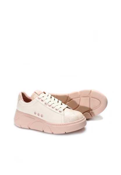 Ogroman İçi Dışı Kaliteli Hakiki Deri Bej Kadın Sneaker Spor Ayakkabı AH070092612079
