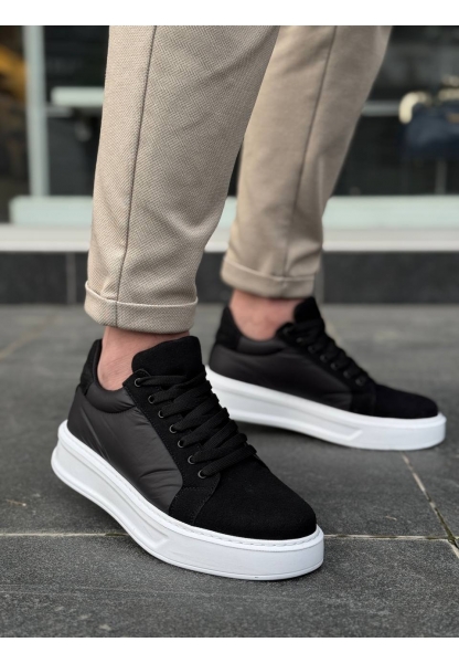 Ogroman Bağcıklı Paraşüt Kumaş Siyah Beyaz Yüksek Taban Günlük Sneaker Tarz Erkek Ayakkabı OGR-AYKB602