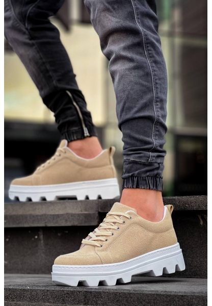 Ogroman Bağcıklı Bej Beyaz Yüksek Taban Sneaker Günlük Tarz Erkek Ayakkabı OGR-AYKB612