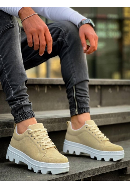 Ogroman Bağcıklı Bej Beyaz Yüksek Taban Sneaker Günlük Tarz Erkek Ayakkabı OGR-AYKB612