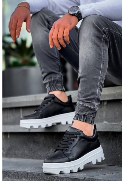 Ogroman Bağcıklı Siyah Beyaz Detaylı Yüksek Taban Sneaker Günlük Tarz Erkek Ayakkabı OGR-AYKB612