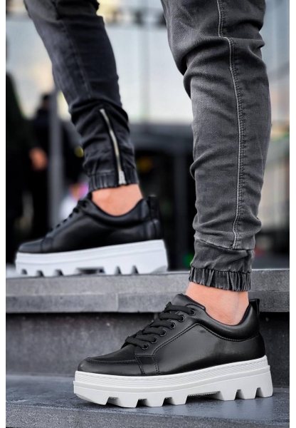 Ogroman Bağcıklı Siyah Beyaz Detaylı Yüksek Taban Sneaker Günlük Tarz Erkek Ayakkabı OGR-AYKB612