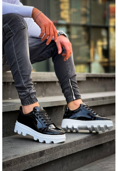 Ogroman Bağcıklı Rugan Siyah Beyaz Detaylı Yüksek Taban Sneaker Günlük Tarz Erkek Ayakkabı OGR-AYKB612