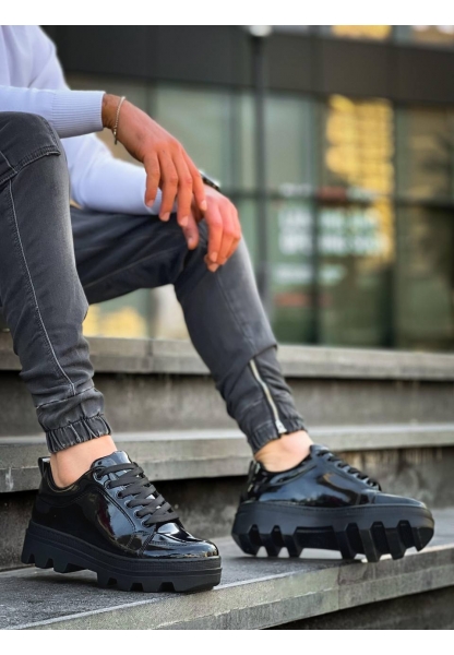 Ogroman Bağcıklı Rugan Kömür Yüksek Taban Sneaker Günlük Tarz Erkek Ayakkabı OGR-AYKB612