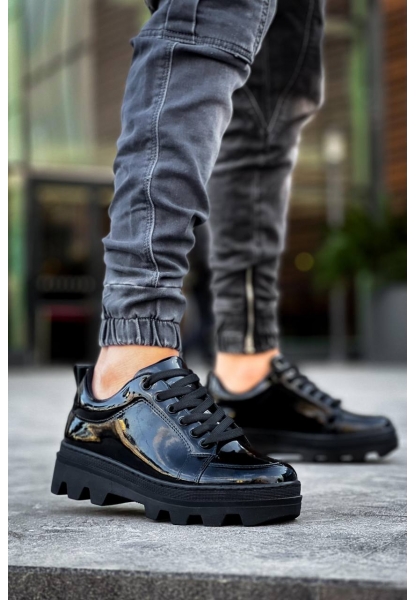 Ogroman Bağcıklı Rugan Kömür Yüksek Taban Sneaker Günlük Tarz Erkek Ayakkabı OGR-AYKB612