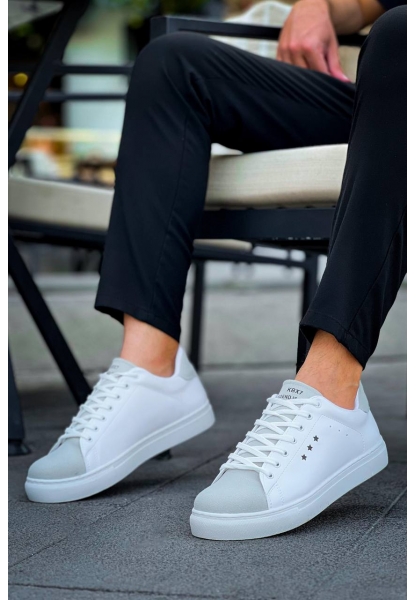 Ogroman Bağcıklı Beyaz Gri Yüksek Taban Günlük Sneaker Tarz Erkek Ayakkabı OGR-AYKB-Y3