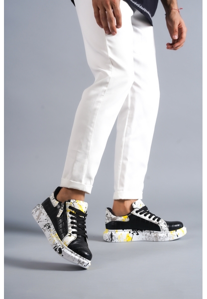 Ogroman Bağcıklı Croco Siyah Sarı Yüksek Taban Günlük Sneaker Erkek Ayakkabı OGR-AYKB68