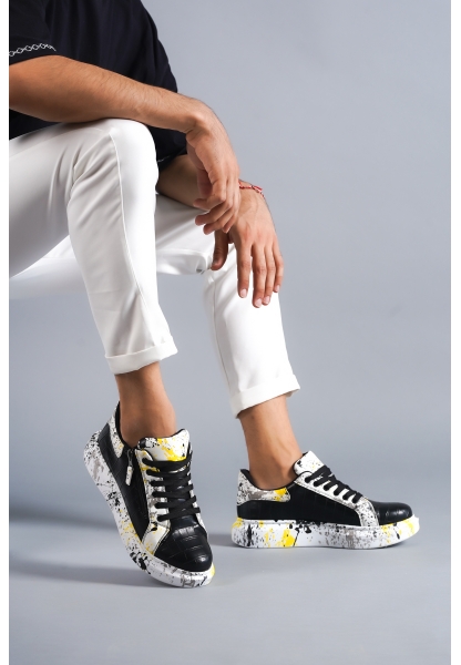 Ogroman Bağcıklı Croco Siyah Sarı Yüksek Taban Günlük Sneaker Erkek Ayakkabı OGR-AYKB68