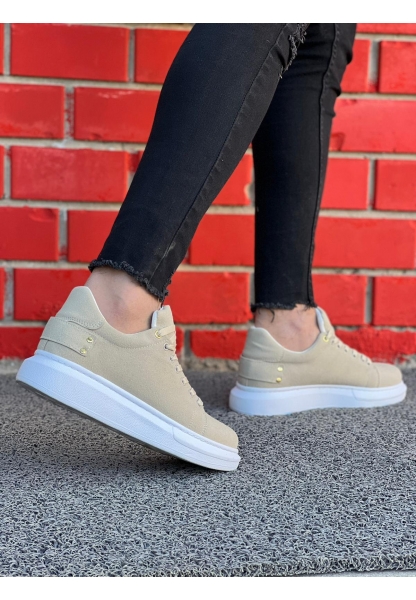 Ogroman Bağcıklı Süet Bej  Beyaz Yüksek Taban Günlük Sneaker Tarz Erkek Ayakkabı OGR-AYKB603