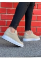 Ogroman Bağcıklı Süet Bej  Beyaz Yüksek Taban Günlük Sneaker Tarz Erkek Ayakkabı OGR-AYKB603