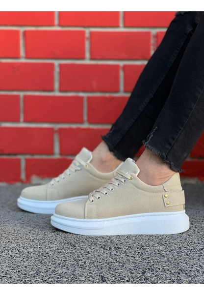 Ogroman Bağcıklı Süet Bej  Beyaz Yüksek Taban Günlük Sneaker Tarz Erkek Ayakkabı OGR-AYKB603