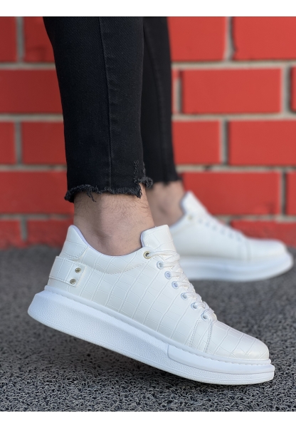Ogroman Bağcıklı Croco Beyaz Yüksek Taban Günlük Sneaker Tarz Erkek Ayakkabı OGR-AYKB603