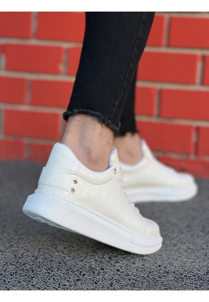 Ogroman Bağcıklı Croco Beyaz Yüksek Taban Günlük Sneaker Tarz Erkek Ayakkabı OGR-AYKB603