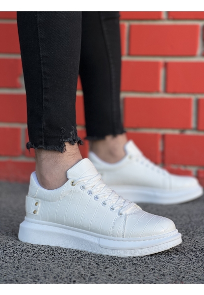 Ogroman Bağcıklı Croco Beyaz Yüksek Taban Günlük Sneaker Tarz Erkek Ayakkabı OGR-AYKB603