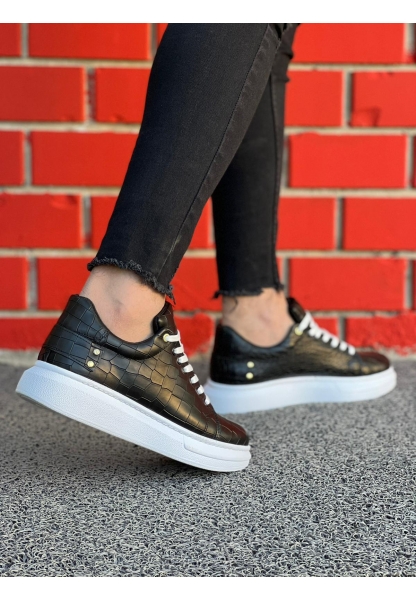 Ogroman Bağcıklı Croco Siyah Beyaz Yüksek Taban Günlük Sneaker Tarz Erkek Ayakkabı OGR-AYKB603 