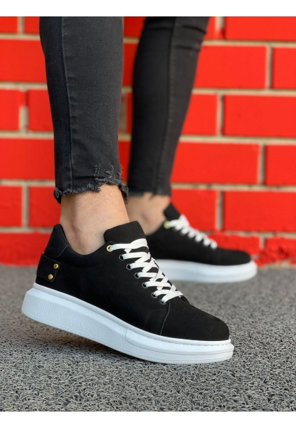 Ogroman Bağcıklı Süet Siyah Beyaz Yüksek Taban Günlük Sneaker Tarz Erkek Ayakkabı OGR-AYKB603