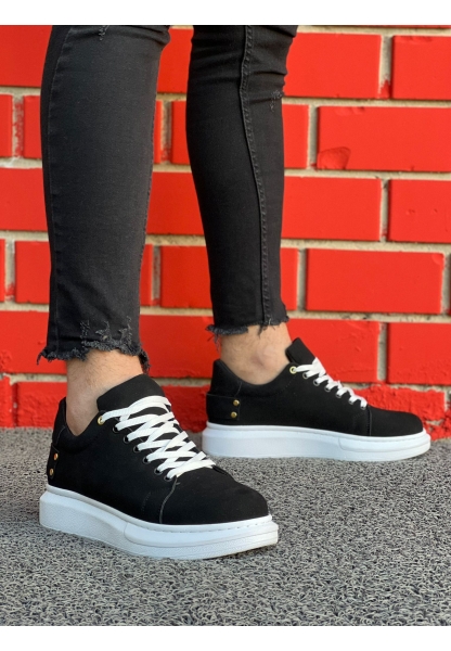Ogroman Bağcıklı Süet Siyah Beyaz Yüksek Taban Günlük Sneaker Tarz Erkek Ayakkabı OGR-AYKB603