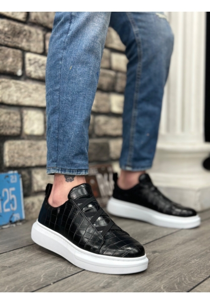 Ogroman Bantlı Desenli Siyah Beyaz Yüksek Taban Sneaker Tarz Erkek Ayakkabı OGR-AY6790