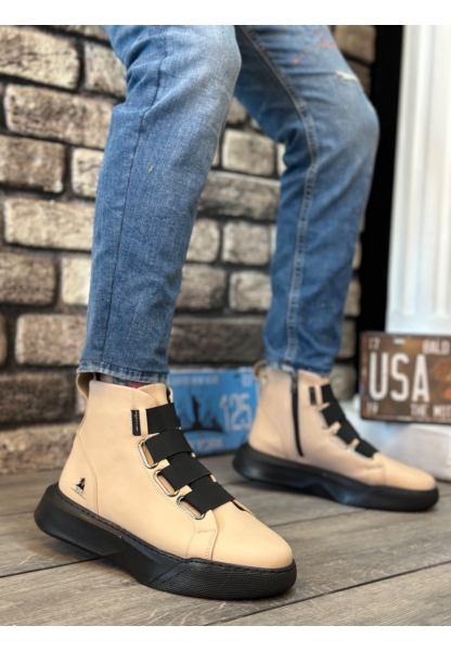 OGR0142 Bantlı Erkek Yüksek Taban Krem Spor Bot