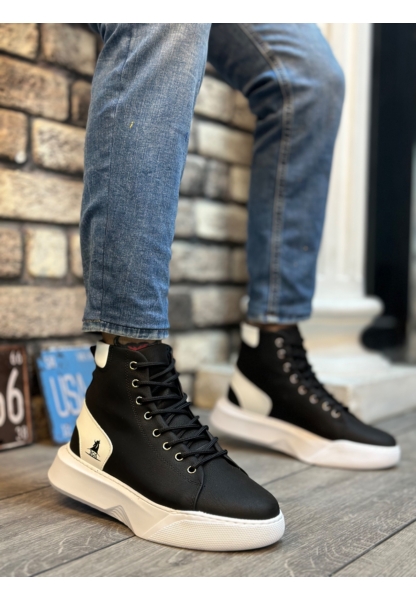 OGR0155 Bağcıklı Erkek Yüksek Taban Siyah Beyaz Siyah Taban Spor Bot
