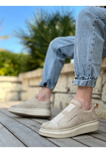 Ogroman Bantlı Süet Bej Krem Yüksek Taban Sneaker Günlük Tarz Erkek Ayakkabı OGR-AY6963