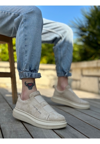 Ogroman Bantlı Süet Bej Krem Yüksek Taban Sneaker Günlük Tarz Erkek Ayakkabı OGR-AY6963