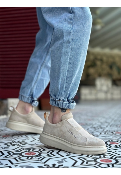 Ogroman Bantlı Süet Bej Krem Yüksek Taban Sneaker Günlük Tarz Erkek Ayakkabı OGR-AY6963