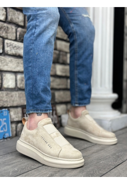 Ogroman Bantlı Süet Bej Krem Yüksek Taban Sneaker Günlük Tarz Erkek Ayakkabı OGR-AY6963
