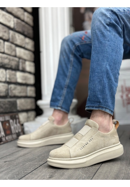 Ogroman Bantlı Süet Bej Krem Yüksek Taban Sneaker Günlük Tarz Erkek Ayakkabı OGR-AY6963