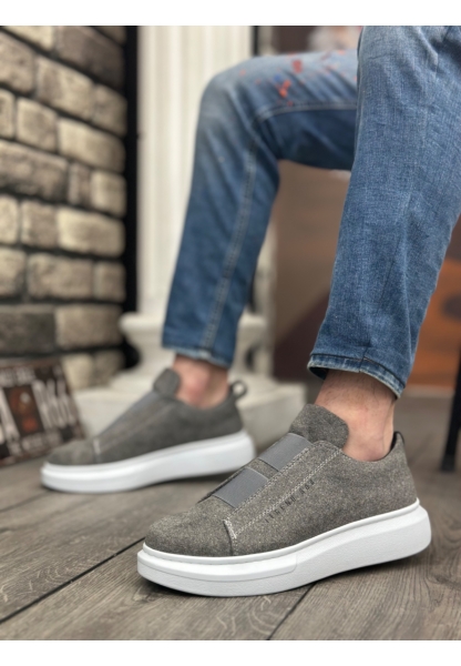 Ogroman Bantlı Süet Gri Beyaz Yüksek Taban Sneaker Günlük Tarz Erkek Ayakkabı OGR-AY6963