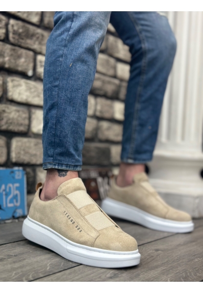 Ogroman Bantlı Süet Krem Beyaz Yüksek Taban Sneaker Günlük Tarz Erkek Ayakkabı OGR-AY6963