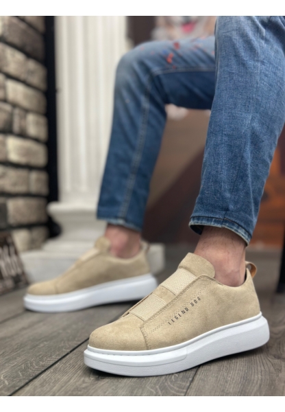 Ogroman Bantlı Süet Krem Beyaz Yüksek Taban Sneaker Günlük Tarz Erkek Ayakkabı OGR-AY6963