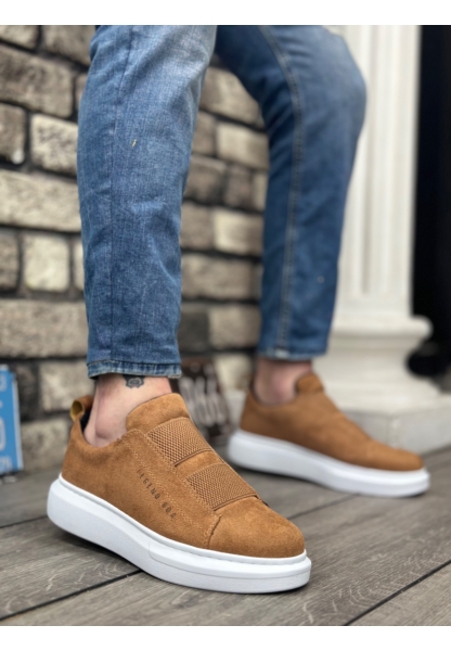 Ogroman Bantlı Süet Taba Beyaz Yüksek Taban Sneaker Günlük Tarz Erkek Ayakkabı OGR-AY6963