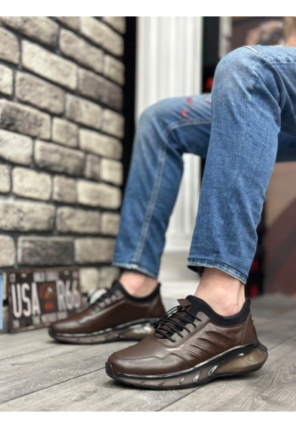 OGR0345 Hakiki Deri Rahat Taban Ayarlanabilir Lastik Bağcıklı Desenli Kahverengi Casual Erkek Ayakkabı