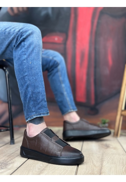 OGR0347 İçi Dışı Hakiki Deri Çift Bantlı Kahverengi Casual Erkek Ayakkabı