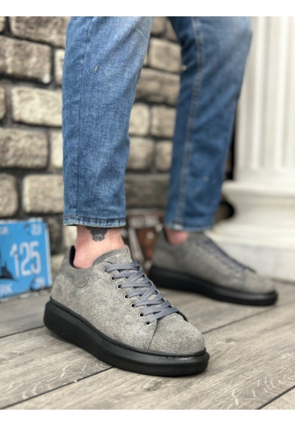 Ogroman Bağcıklı Süet Gri Siyah Yüksek Taban Sneaker Günlük Tarz Erkek Ayakkabı OGR-AY6103