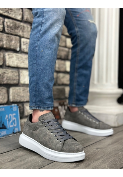 Ogroman Bağcıklı Süet Gri Beyaz Yüksek Taban Sneaker Günlük Tarz Erkek Ayakkabı OGR-AY6103