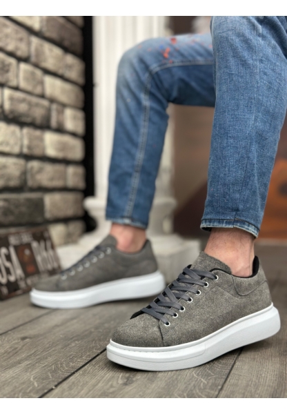 Ogroman Bağcıklı Süet Gri Beyaz Yüksek Taban Sneaker Günlük Tarz Erkek Ayakkabı OGR-AY6103