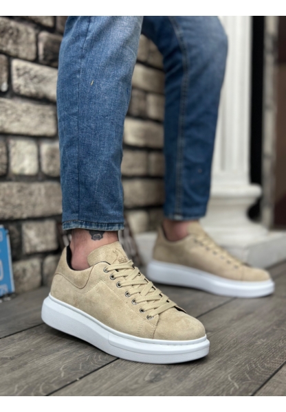 Ogroman Bağcıklı Süet Krem Beyaz Yüksek Taban Sneaker Günlük Tarz Erkek Ayakkabı OGR-AY6103