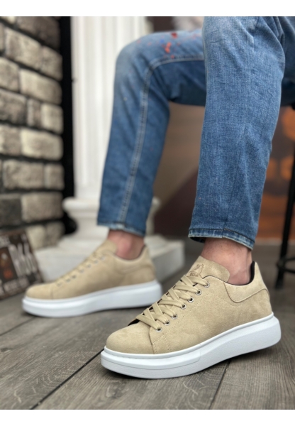 Ogroman Bağcıklı Süet Krem Beyaz Yüksek Taban Sneaker Günlük Tarz Erkek Ayakkabı OGR-AY6103