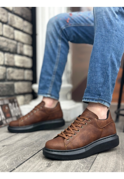 Ogroman Bağcıklı Taba Siyah Yüksek Taban Sneaker Günlük Tarz Erkek Ayakkabı OGR-AY6103