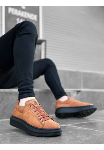 Ogroman Bağcıklı Süet Taba Siyah Yüksek Taban Sneaker Günlük Tarz Erkek Ayakkabı OGR-AY6103