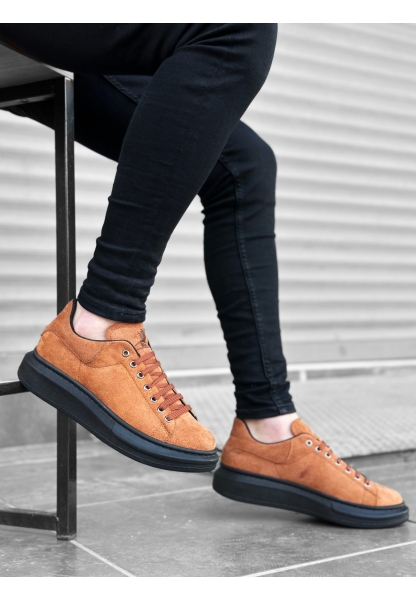 Ogroman Bağcıklı Süet Taba Siyah Yüksek Taban Sneaker Günlük Tarz Erkek Ayakkabı OGR-AY6103