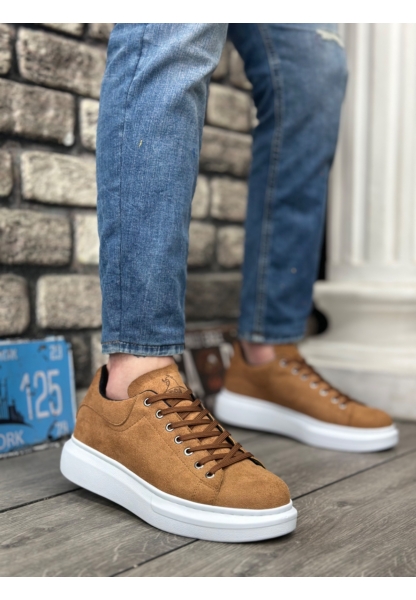Ogroman Bağcıklı Süet Taba Beyaz Yüksek Taban Sneaker Günlük Tarz Erkek Ayakkabı OGR-AY6103