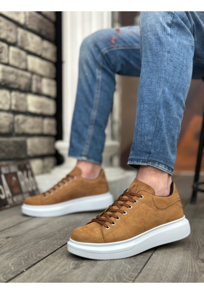 Ogroman Bağcıklı Süet Taba Beyaz Yüksek Taban Sneaker Günlük Tarz Erkek Ayakkabı OGR-AY6103