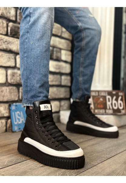 OGR0811 OGR Yüksek Taban Siyah Paraşüt Kumaş Beyaz Cilt Detaylı Yarım Bilek Spor Bot 