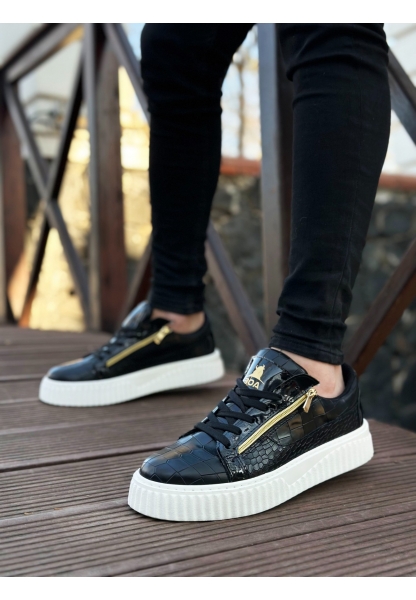 Ogroman Fermuarlı Siyah Beyaz Yüksek Taban Sneaker Günlük Tarz Erkek Ayakkabı OGR-AYK964