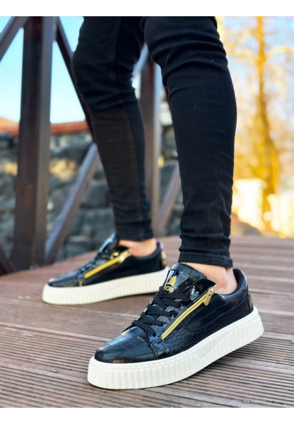 Ogroman Fermuarlı Siyah Beyaz Yüksek Taban Sneaker Günlük Tarz Erkek Ayakkabı OGR-AYK964
